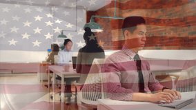 Business user pausing typing with transparent flag overlay appearing adjusting tie, planning ahead. Corporate, teamwork, productivity, modern, professional, office, collaboration - Powered by Shutterstock - Get 15% off with code: PIKWIZARD15