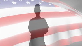 Female athlete grasping ball, ball appearing, shifting stance, flag waving in sports marketing. Hero, athleticism, patriotism, dynamic, empowering, modern, energetic - Powered by Shutterstock - Get 15% off with code: PIKWIZARD15