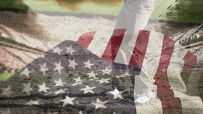 Flag overlay driving golf with male golfer stepping into bunker executing sand shot aiming at green. Patriotism, sports, outdoor, leisure, precision, technique, nature - Powered by Shutterstock - Get 15% off with code: PIKWIZARD15