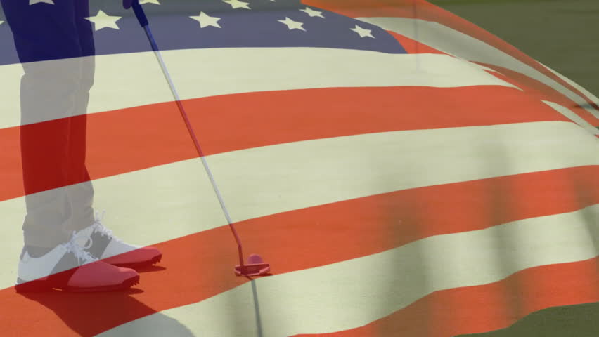 Male golfer placing golf ball on turf and practicing precision putting while flag overlay waving. Athleticism, precision, patriotism, outdoor, recreational, sport, motivation - Powered by Shutterstock - Get 15% off with code: PIKWIZARD15