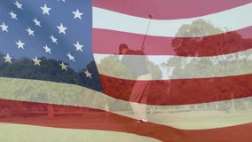 Male golfer stepping onto fairway, aligning grip, swinging club with waving flag overlay for sports. Athletic, championship, outdoor, leisure, precision, sunny, energetic - Powered by Shutterstock - Get 15% off with code: PIKWIZARD15