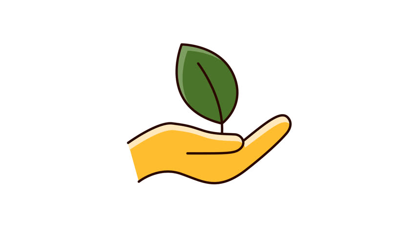 Animated graphic icon of a yellow hand gently holding a green leaf, symbolizing care for nature, eco-friendliness, and sustainability. Alpha channel transparent background