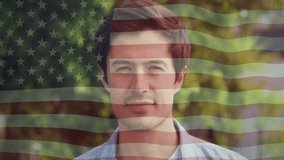On start man shifting gaze and smiling with flag overlay rippling in patriotic marketing. Patriotism, celebration, outdoor, optimism, unity, pride, natural - Powered by Shutterstock - Get 15% off with code: PIKWIZARD15