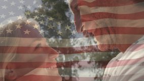 couple sustaining gaze and tilting heads beneath faded US flag overlay conveying patriotic branding. Romance, intimacy, affection, patriotism, connection, outdoor, sentiment - Powered by Shutterstock - Get 15% off with code: PIKWIZARD15
