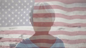 Woman standing on shoreline with transparent American flag overlay rippling for patriotic branding. Patriotism, tranquility, resilience, democracy, coastal, serenity, awareness - Powered by Shutterstock - Get 15% off with code: PIKWIZARD15