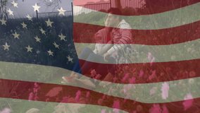 Breeze animating grass causing American flag overlay rippling over couple kissing in patriotic ad. Romantic, affection, harmony, outdoor, serenity, patriotism, casual - Powered by Shutterstock - Get 15% off with code: PIKWIZARD15