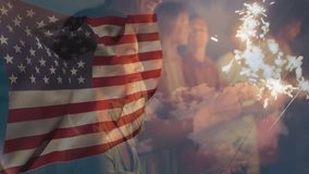 Friends bringing sparkler tips igniting sparks on patio under flag overlay marking celebration. Patriotic, celebration, camaraderie, glowing, outdoor, twilight, unity - Powered by Shutterstock - Get 15% off with code: PIKWIZARD15