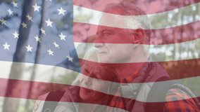 Rippling American flag initiating senior couple embracing in woods, fueling branding, evoking unity. Patriotism, serenity, affection, harmony, woodland, outdoor, warmth - Powered by Shutterstock - Get 15% off with code: PIKWIZARD15