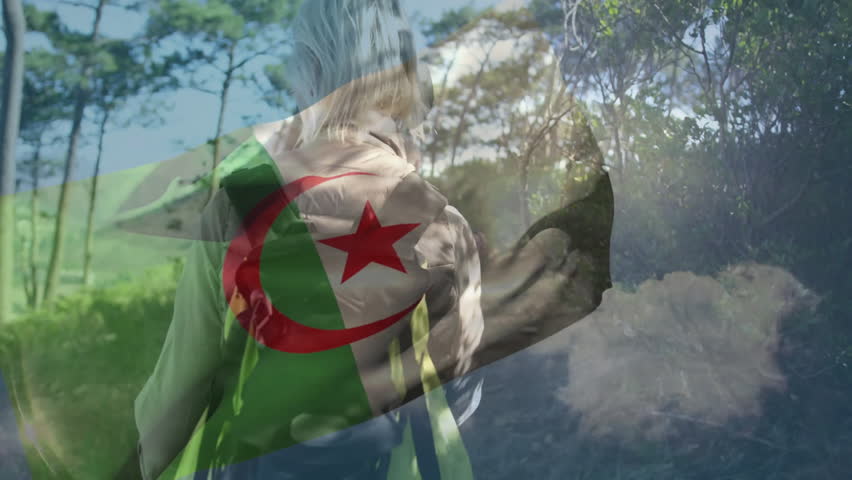 Algerian flag overlay fading, woman planting poles and leading man exploring trail for health. Hiking, adventure, outdoor, nature, trekking, fitness, exploration