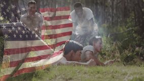 After drill command military recruits crawling then standing for military drill under flag overlay. Training, teamwork, endurance, discipline, patriotism, outdoor, fitness - Powered by Shutterstock - Get 15% off with code: PIKWIZARD15