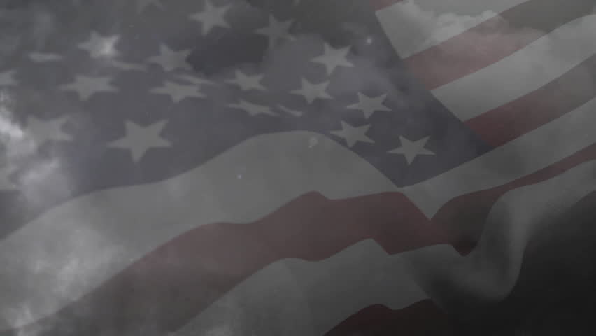 On start American flag rippling left to right under shifting smoky overlay with fading light flares. Patriotism, symbolism, digital art, motion, abstract, unity, resilience