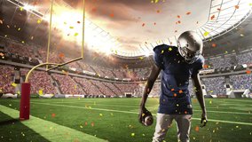 male football player bowing head dribbling ball then raising arm celebrating under confetti. Athlete, sports, competition, victory, celebration, stadium, action - Powered by Shutterstock - Get 15% off with code: PIKWIZARD15
