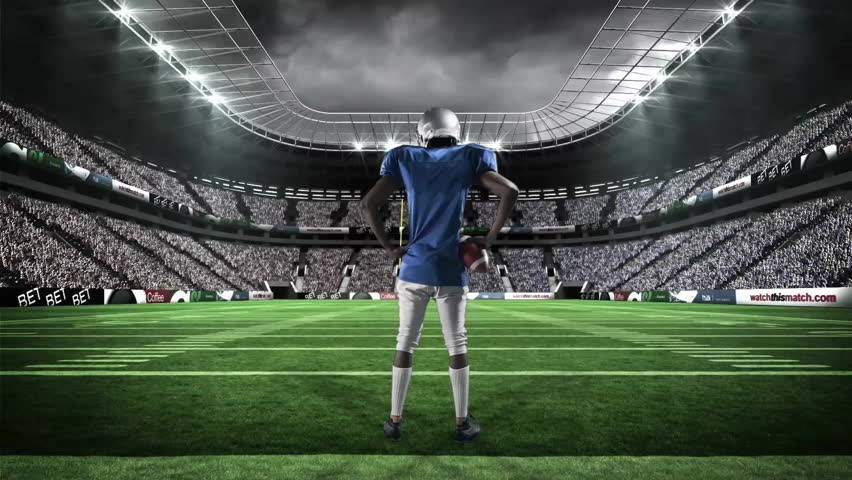 Football player hoisting and throwing ball on turf upon heart icons appearing and celebrating fans. Athlete, celebration, motion, vibrant, emotional, stadium, gridiron