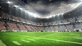 Confetti starting drifting across football field under floodlights marking celebration in stands. Stadium, celebration, sports, victory, atmosphere, energetic, outdoor - Powered by Shutterstock - Get 15% off with code: PIKWIZARD15