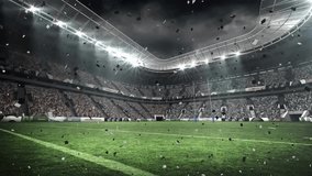 Floodlights sending confetti into stadium field, drifting under beams, marking victory. Celebration, victory, sports, architecture, illumination, festive, exuberance - Powered by Shutterstock - Get 15% off with code: PIKWIZARD15