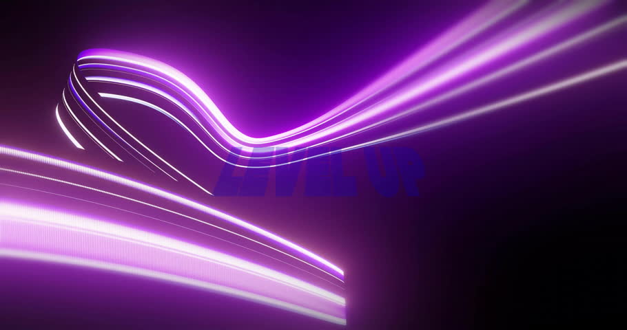 Neon ribbons sweeping from left looping behind 3D LEVEL UP text fading shifting gradient energizing. Futuristic, vibrant, dynamic, abstract, energetic, digital, modern