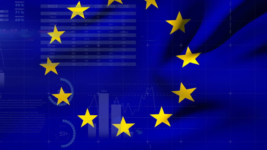 At start EU stars swaying, rings fading, charts emerging and maps appearing representing EU data. Infographics, data visualization, digital graphic, abstract, analytics, technology, business - Powered by Shutterstock - Get 15% off with code: PIKWIZARD15