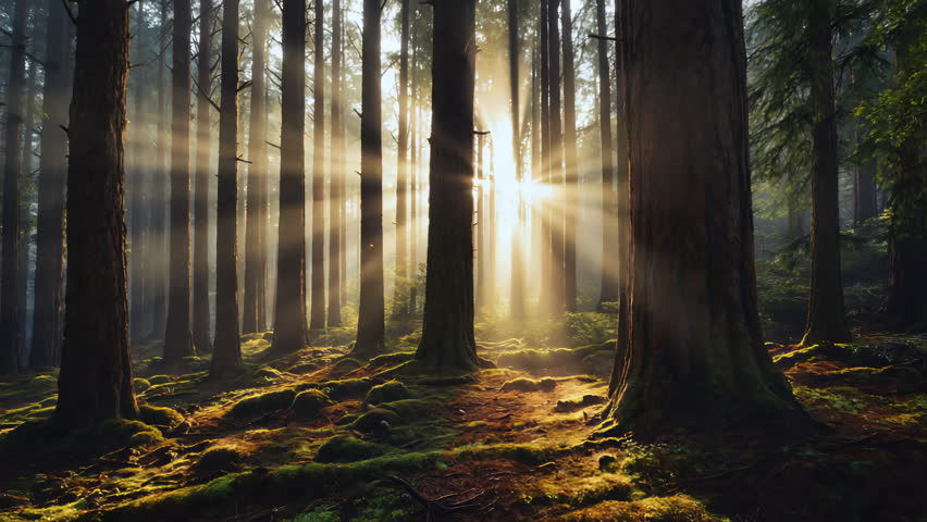 Slow dolly-in through serene forest as morning light filters through trees. Gentle mist and rays create a peaceful mood. Ideal for memorials, funerals, or moments of reflection.