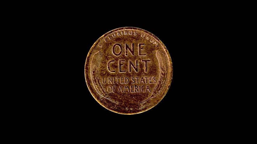 United States 1917 1 cent coin reverse with wheat ears and denomination rotating on black background