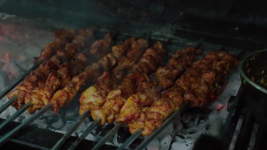 chicken skewers cooked on charcoal. Turkish kebap