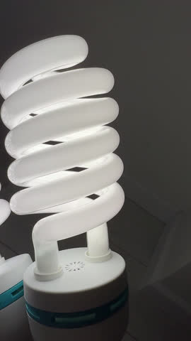 Close-up of glowing spiral compact fluorescent light bulbs (CFL) with white daylight 5500K temperature on dark background. Energy-saving eco-friendly lighting detail for studio or home use