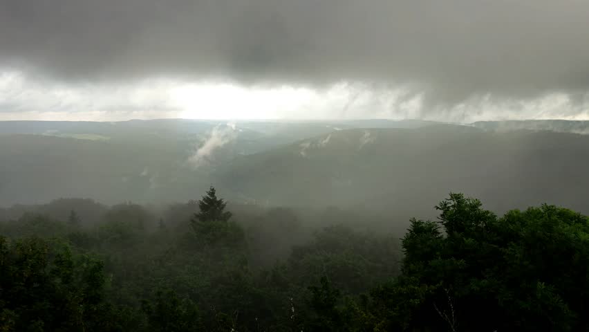 Rainy clouds over a foggy forest. 