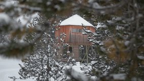 Static shot of a snowy stilt cabin in Andorra, framed by pine branches with snow-covered trees in the background. - Powered by Shutterstock - Get 15% off with code: PIKWIZARD15