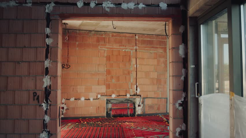 Construction workers are pouring concrete over underfloor heating pipes in a new building