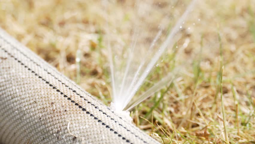 Leaking garden hose spraying water. A garden hose with a tear sprays water forcefully onto dry grass. The close-up captures the urgency of water conservation.
