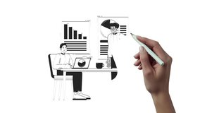 Diverse professionals discussing charts outline hand drawn 2D characters animation. Business meeting presentation. Statistics analysts animated people handdrawn isolated. Doodle drawing 4K video - Powered by Shutterstock - Get 15% off with code: PIKWIZARD15