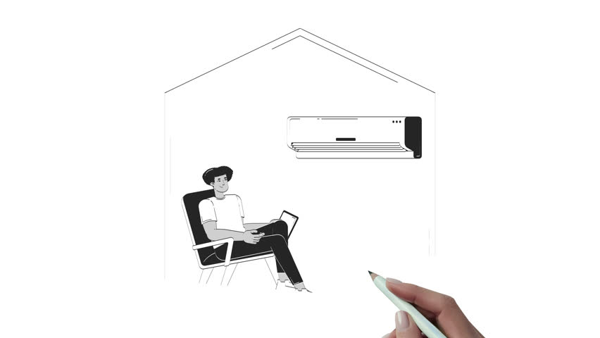 Smart home Wi-Fi air conditioner hand drawn whiteboard sketch animation. Indoor cooling IoT. Latino man controlling AC appliance via wifi tablet animated handdrawn concept pencil drawing 4K video