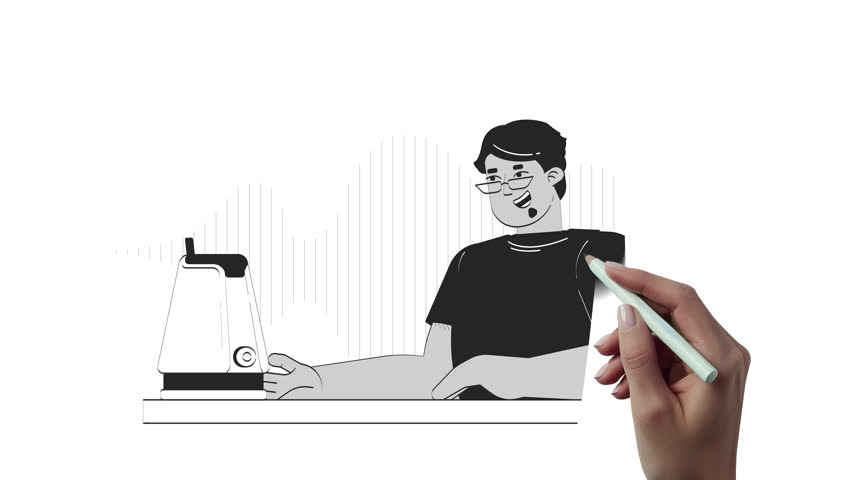 AI voice assistant device hand drawn whiteboard sketch animation. Virtual helper. Arab man interacting with smart speaker technology animated 2D outline character handdrawn 4K video pencil drawing