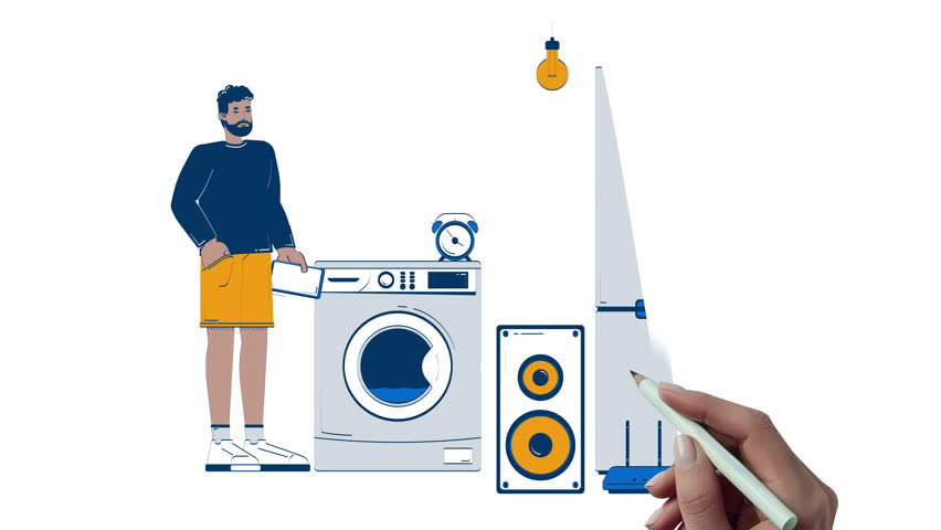 Black man managing smart household appliances using tablet hand drawn whiteboard animation. Wi-Fi technology. IoT user with home devices animated doodle handdrawn concept pencil drawing 4K video