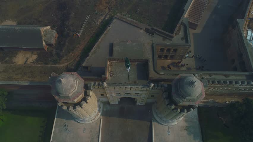 Aerial view of Lahore Fort and Badshahi Masjid in the historic Old City, Lahore, Punjab, Pakistan.