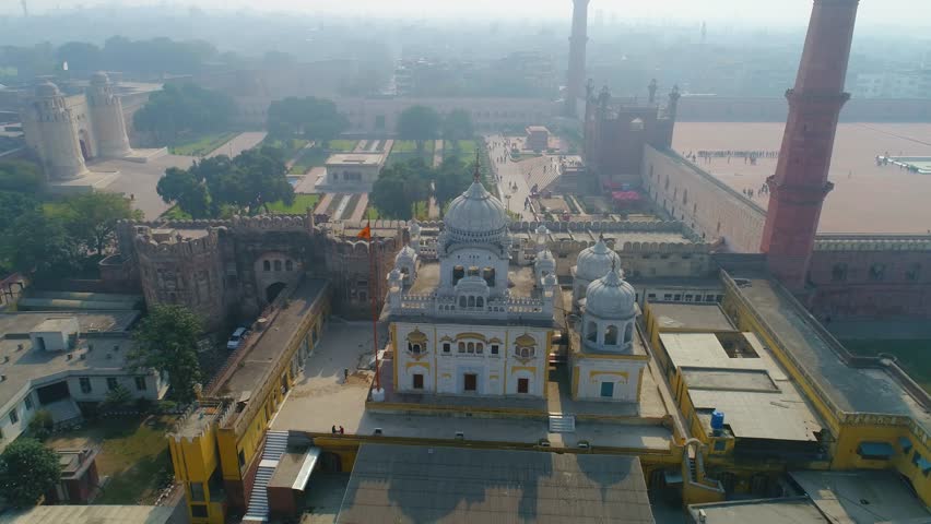 Aerial view of Lahore Fort and Badshahi Masjid in the historic Old City, Lahore, Punjab, Pakistan.