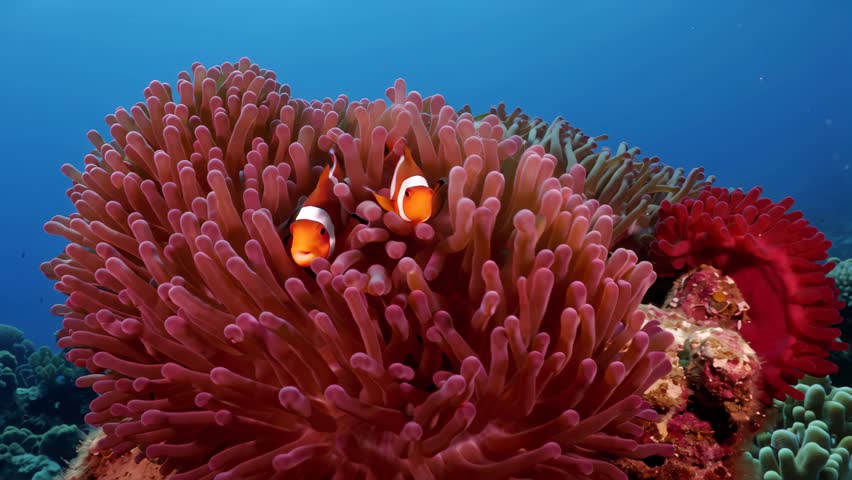 Clownfish in the anemone, colorful healthy coral reef. Couple of Anemonefish underwater. Underwater, scuba diving on reef. Marine life. tropical fish and corals
