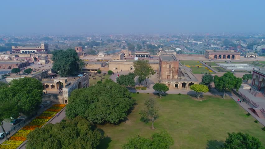 Aerial view of Lahore Fort, Badshahi Masjid and Old City with historic architecture, Lahore, Punjab, Pakistan.