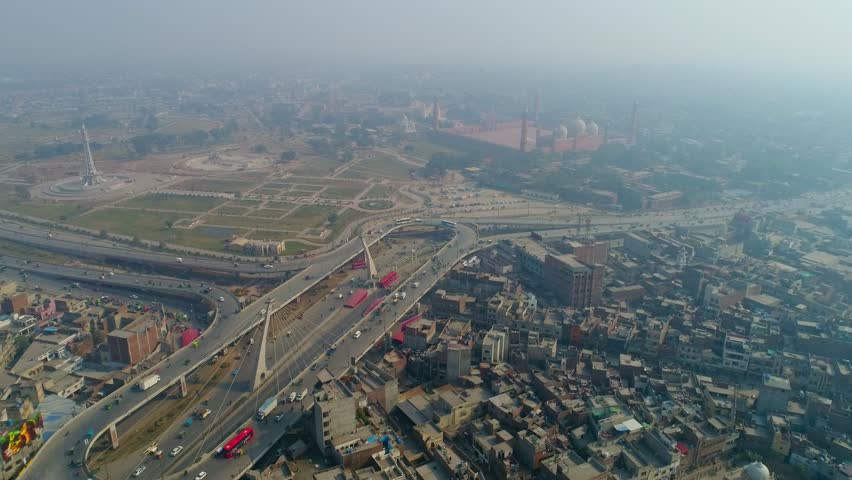 Aerial view of lahore fort and badshahi masjid in the bustling old city, lahore, punjab, pakistan.