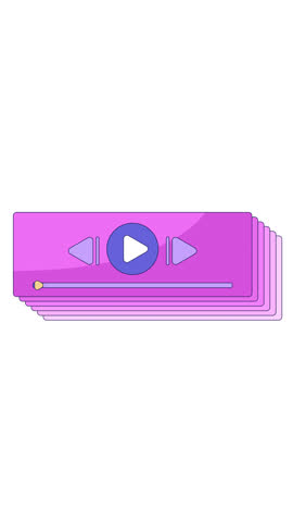 Stacked digital media player interfaces 2D cartoon vertical animation. Streaming music. Playback controls, play, pause, pink playlist layers animated flat colorful object 4K video isolated on white