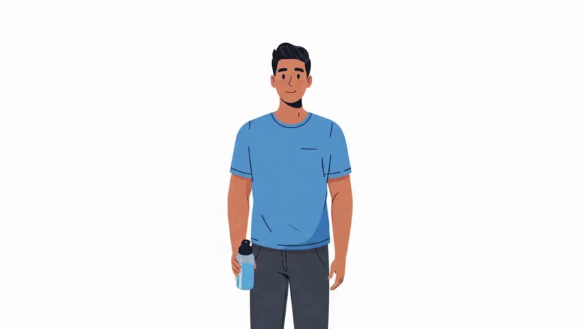 Man drinking water from bottle, promoting daily hydration and wellness. 2D flat animation with transparent background. Loop-ready for apps, UI, or explainer video use.