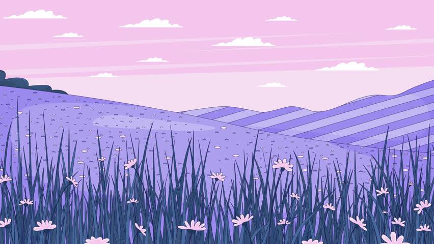 Blooming wildflower meadow in rolling hills 2D cartoon animation. Peaceful hillside landscape. Summer countryside. Springtime scenery animated flat lofi backdrop 4K video background scene storytelling
