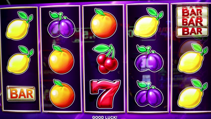 Casino slot machine screen with colorful fruit symbols like lemons, plums, oranges, cherries and red lucky number seven