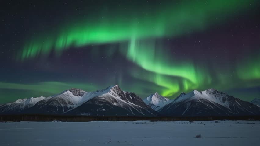 a beautiful view of the bright green aurora borealis winding across the night sky above the snow-capped mountains. The sky is filled with sparkling stars, adding to the beauty of this natural phenomen