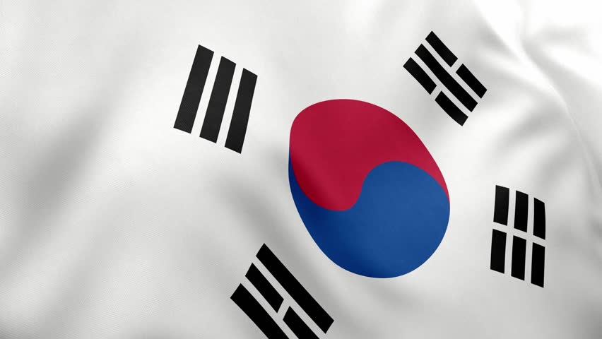 Realistic animation of South Korean (ROK) flag waving. White field Taegeuk symbol four black trigrams. Seamless loop national pride South Korea