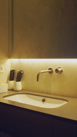 Matte basin and wall mixer under golden LED ribbon. Concrete backsplash and sleek accessories broadcast  spa‑grade serenity for wellness promos or bathroom design reels.