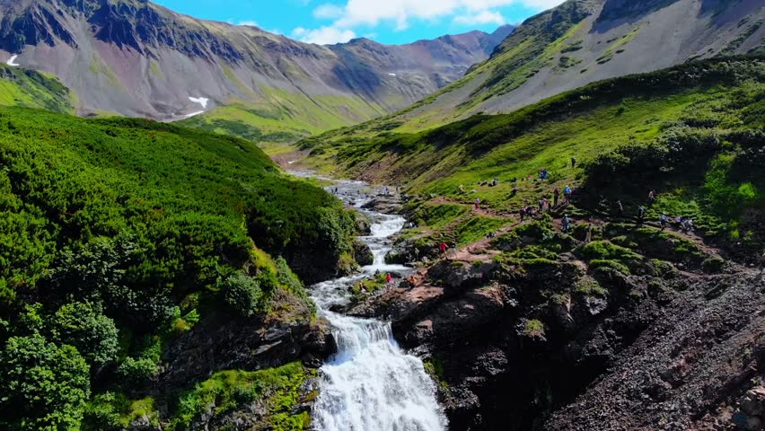 Waterfall on Vachkazhets mountain circus, Kamchatka Russia, aerial view.