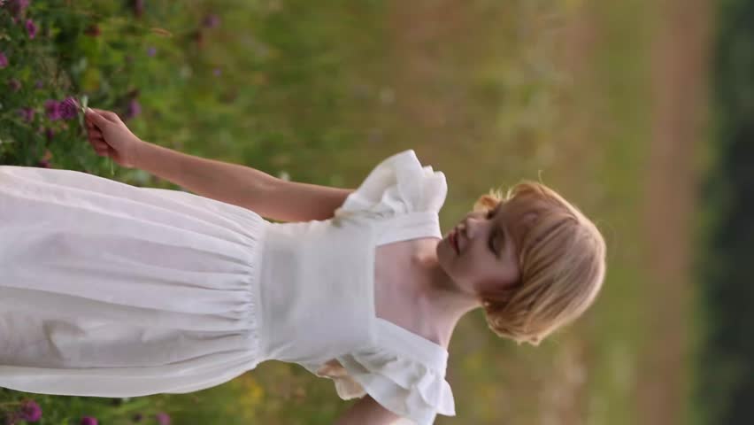 Young blonde girl in white dress running along country road in summer field. Rural serene scene. Concept of village vacation and natural beauty.