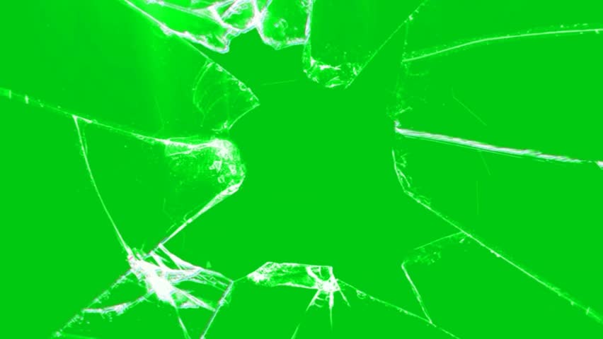 Animated green screen surface shatters dramatically, with radiating cracks and flying fragments, creating an impact or reveal effect for chroma key compositing.