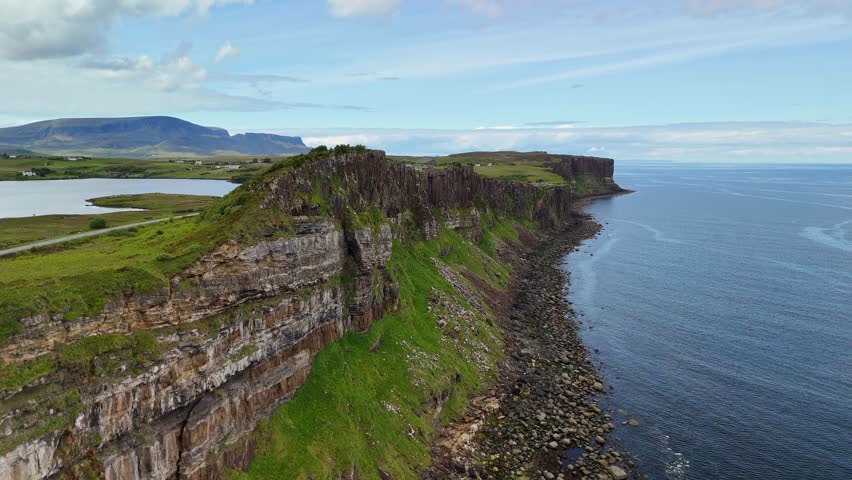 Mealt waterfall on the Isle of Skye seen from a drone. The Scottish Highlands.