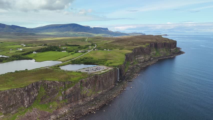 Mealt waterfall on the Isle of Skye seen from a drone. The Scottish Highlands.